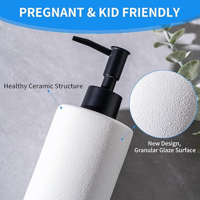 TANEW 2-Pack Black & White Ceramic Hand Soap Dispenser Set 12oz Refillable for Essential Oil, Dish Soap or Lotion - Countertop Soap Dispensers for Bathroom, Sink, Kitchen