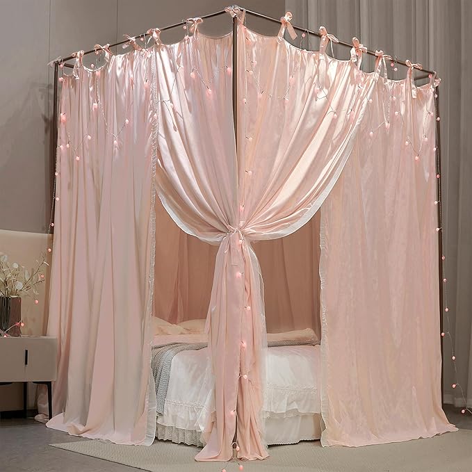 4 Corners Post Princess Curtain Bed Canopy Double Layer Cozy Mosquito Net Mesh and Cloth for Girls Adults Bedroom Decoration (Double-Beigepink/White, 78" W*86" L*82"*H/(King))