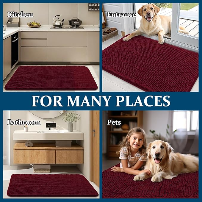 OLANLY Dog Door Mat for Muddy Paws 40x24, Absorbs Moisture and Dirt, Absorbent Non-Slip Washable Doormat, Quick Dry Chenille Mud Mat for Dogs, Entry Indoor Entryway Carpet for Inside Floor, Burgundy