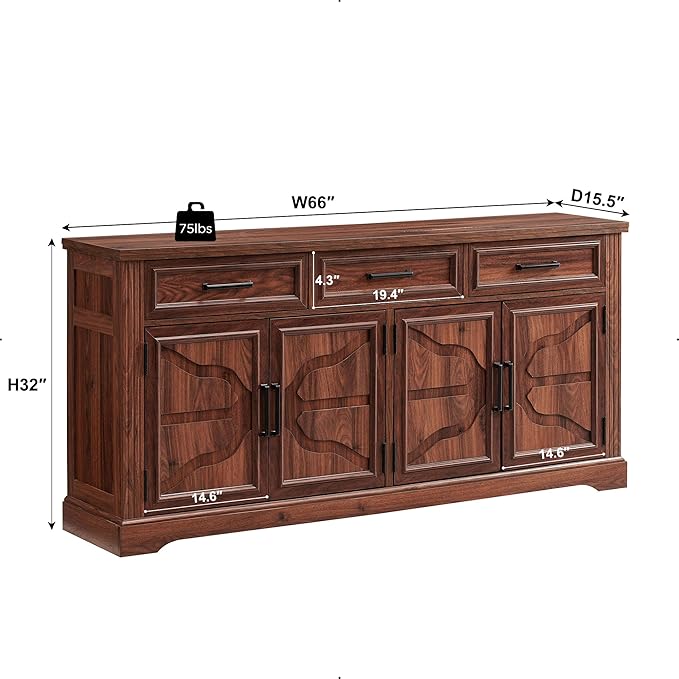 JXQTLINGMU 66" Large Buffet Sideboard Cabinet with 4 Doors and 3 Drawers, Buffet Table Coffee Bar Wine Bar Storage Cabinet for Dining Room, Living Room, Hallway, Dark Brown