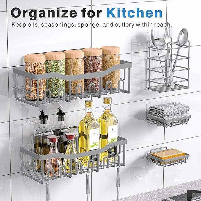 5-Pack Rustproof Stainless Steel Shower Caddy Set– No Drill Adhesive Bathroom Organizer, Space-Saving Shower Shelves for Apartment Essentials, Bathroom/Kitchen Storage Home Decor-L Size