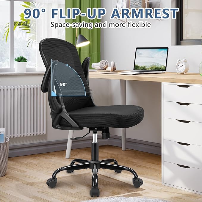Office Chair Desk Chair, Ergonomic Mesh Computer Chair Home Office Desk Chairs, Swivel Task Chair Mid Back Breathable Rolling Chair with Adjustable Lumbar Support Flip Up Armrest (Black)