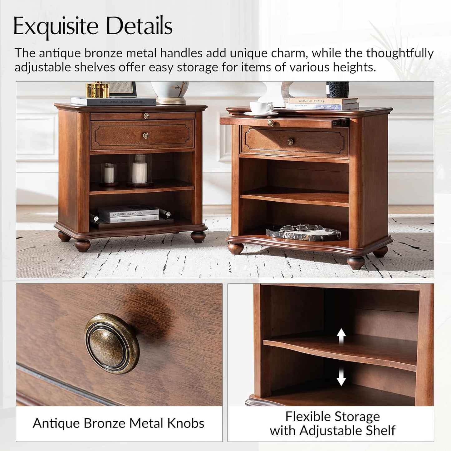 HULALA HOME Wooden Nightstand with Pull-Out Shelf, Mid Century Modern Nightstand with Solid Wood Drawers and Legs, Adjustable Storage, Brown