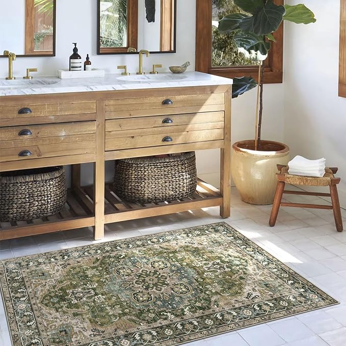 3x5 Washable Area Rug - Small Entryway Rug Non-Slip Moss Green Vintage Oriental Kitchen Rugs Low Pile Boho Carpet Throw Rugs for Living Room Bedroom Bathroom Entrance Dorm Office Home Decor