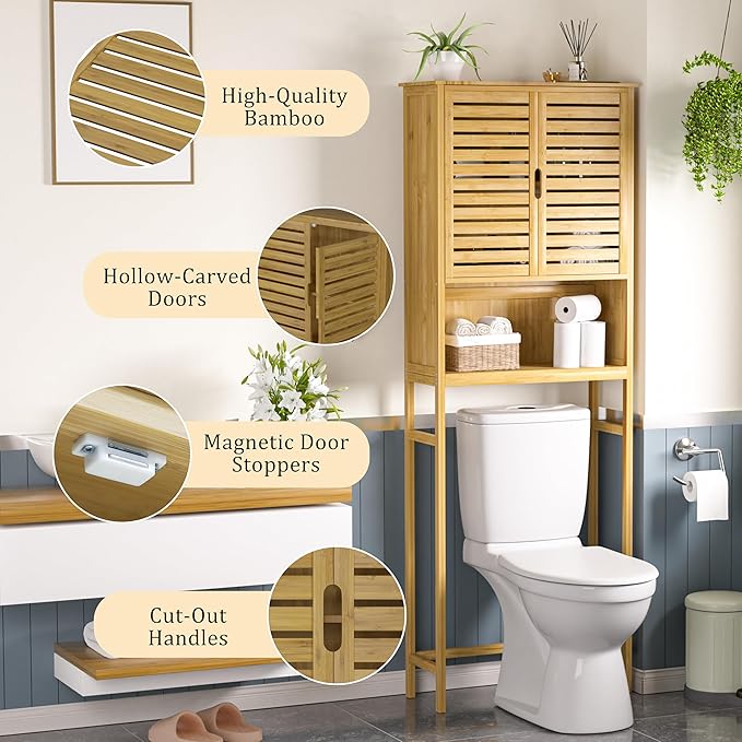 MUPATER 67" H Bathroom Over-The-Toilet Storage Cabinet with Doors and Shelves, Bamboo Over Toilet Organizer, Freestanding Tall Space Saver Toilet Rack, Natural Wood