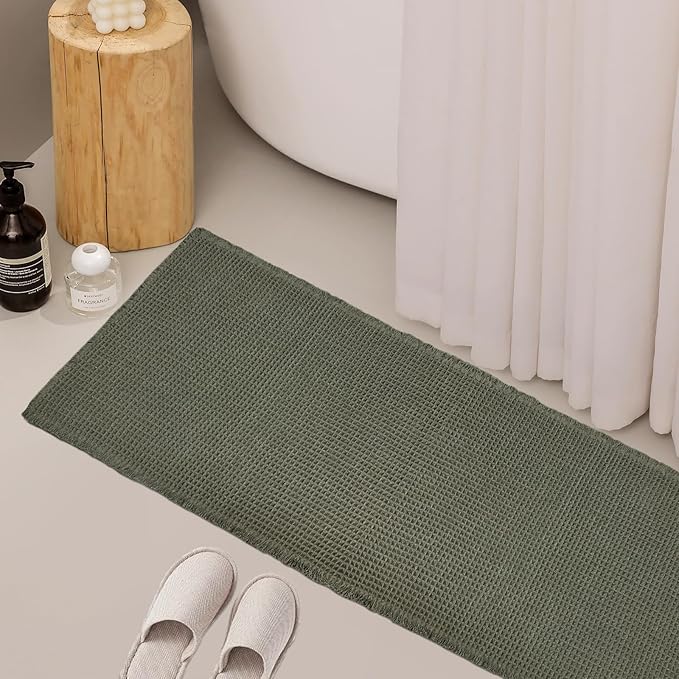 ZALL Waffle Bath Mat,Super Absorbent Non Slip Long Bathroom Runner Rug,Dark Green 24X72inch,Machine Washable Ultra Soft Floor Mats