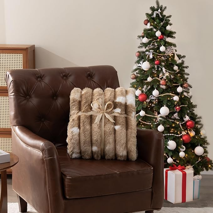 Throw Blanket for Couch - 60" x 80" Faux Rabbit Fur Throw Blanket Cozy Soft Warm Blankets for Bed Sofa Bedroom Living Room Fluffy Striped Blankets for Fall Winter, Home Decor, Brown