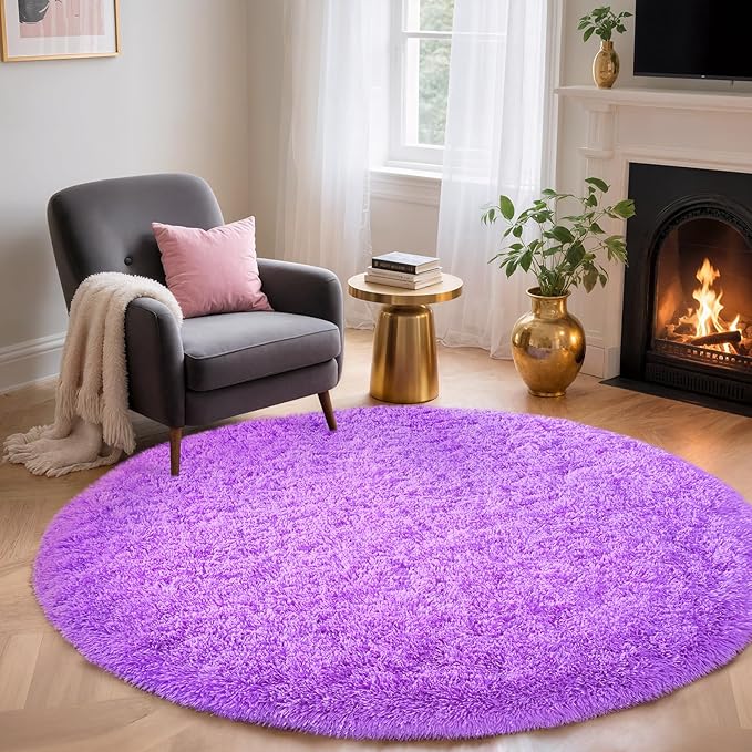 Purple Round Rug for Bedroom, 4Ft Fluffy Circle Area Rugs for Living Room, Shag Fuzzy Carpet for Kids Room, Nursery, Dorm, Classroom, Teen, Cute Baby Play Mat Home Decor Aesthetic