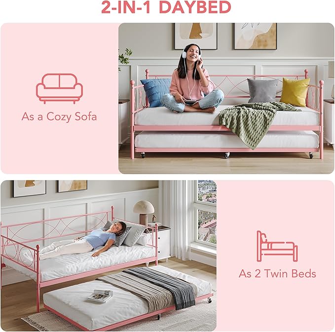 IDEALHOUSE Twin daybed with Trundle, Metal Twin Daybed and Trundle Set, Day Bed Sofa Bed Frame with Steel Slat Support, Multifunctional Daybed Frame for Bedroom (Modern - Pink)