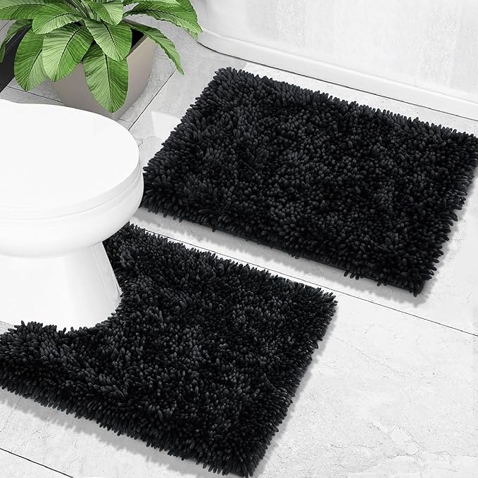 Yimobra Toilet Rugs U Shaped Washable, Extra Thick Soft Absorbent Chenille Contour Bathroom Rugs for Toilet 24x24 Inch, Quick Dry Non Slip Toilet Mat for Bath Floor, Black