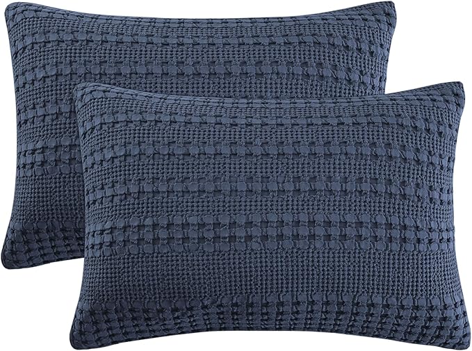 PHF 100% Cotton Waffle Pillow Shams Standard Size, 2 Pack 20" x 26" Soft Skin-Friendly Pillowcases, No Filling, Aesthetic Woven and Breathable Waffle Weave Pillow Case Covers for Bed, Dark Navy