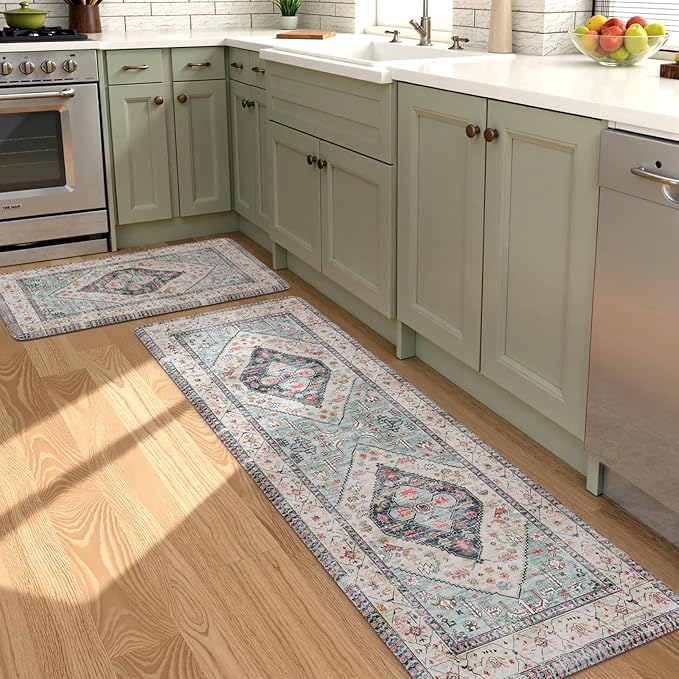 KIMODE Anti Fatigue Kitchen Mats, Boho Distressed Kitchen Rugs 20"x59"+20"x32", Non Slip Waterproof Kitchen Floor Mats, Comfort Foam Mats for Kitchen Floor Sink Laundry Office Desk Blue