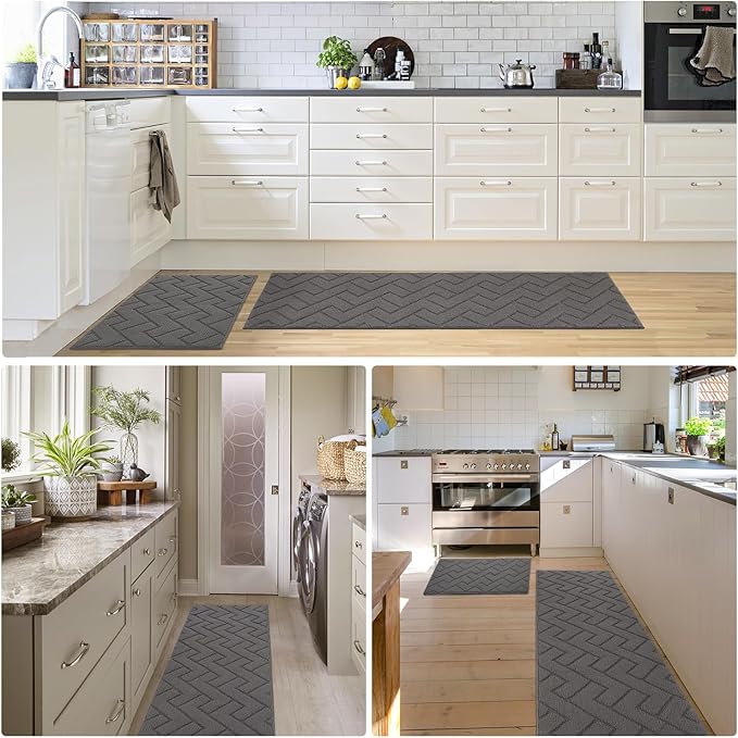 hicorfe Kitchen Rugs and Mats Sets,2 Pieces Super Absorbent Polypropylene Non-Slip Rug,Soft Comfort Floor Mat,Washable for Kitchen,Hallway,Office,Sink,Laundry(24" x 35"+24" x 71",Grey)