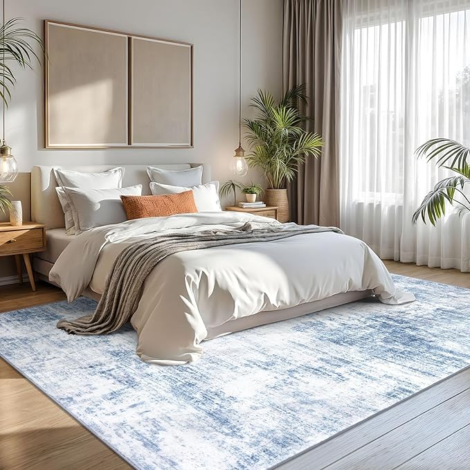 IOHOUZE Abstract Area Rugs 8x10 Ft Washable Large Rugs for Living Room, Non Slip Dining Room Rug, Printed Faux Wool Rugs for Bedroom, Floor Carpet for Office Nursery Playroom, Light Blue White
