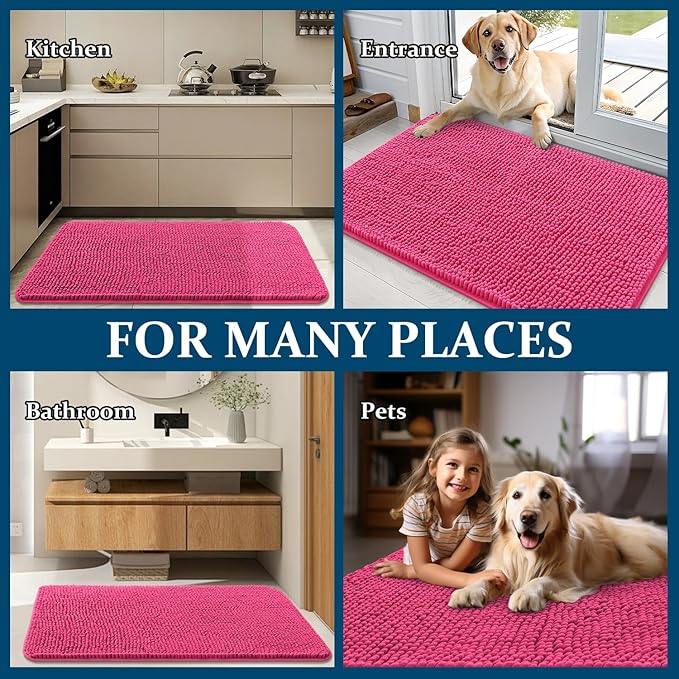 OLANLY Dog Door Mat for Muddy Paws 40x32, Absorbs Moisture and Dirt, Absorbent Non-Slip Washable Doormat, Quick Dry Chenille Mud Mat for Dogs, Entry Indoor Entryway Carpet for Inside Floor, Hot Pink