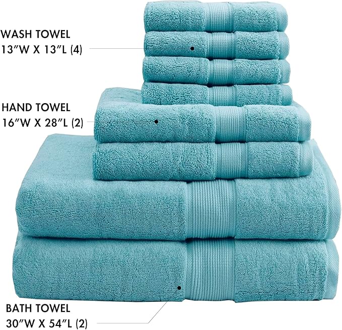 Madison Park 800GSM Bathroom Towel Set of 8 100% Cotton Bath Towel Set for Bathroom Luxurious Highly Absorbent 2 Bath Towels 2 Hand Towels 4 Washcloths Quick Dry Spa Quality Aqua