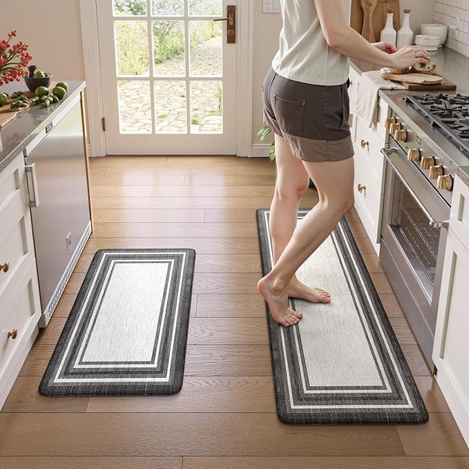 KIMODE Anti Fatigue Kitchen Mat 2PCS,Kitchen Rugs Non Slip Rubber Backing,Waterproof Farmhouse Kitchen Mat for Floor,Cushioned Standing Mat for Office,Laundry,Sink,Desk,Black and Grey