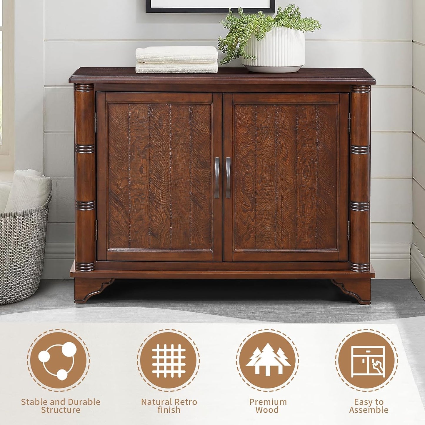 HMFULE 40" Sideboard Cabinet 2-Doors Solid Wood, Retro Buffet Cabinet with Storage Adjustable Shelf, Console Table Accent for Hallway, Living Room, Dining Room, Kitchen, Entry Way (Brown)
