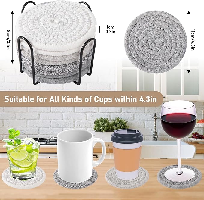 OIAHOMY 8 Pcs Coasters with Holder, Coasters for Drinks, Woven Cotton Absorbent Coaster Set for Kinds of Cups, Housewarming Gifts for Home Decor -Grey