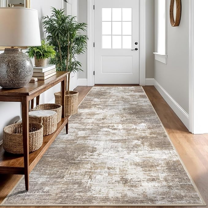IOHOUZE Abstract Runner Rug 3x10 Ft Washable Runners for Hallways, Non Slip Kitchen Runner Printed Faux Wool Entryway Runner Indoor, Modern Abstract Floor Carpet for Hall Kitchen Bedroom, Beige Brown