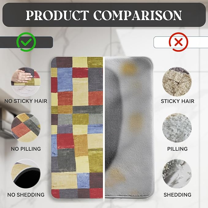 MontVoo -Bath Mat-Non Slip Thin Bathroom Rugs Fit Under Door- Quick Dry Absorbent Faux Suede Surface Grey Bathroom Floor Mats-Shower Rug for in Front of Bathtub Shower Retro Colors Plaid 17x27.5