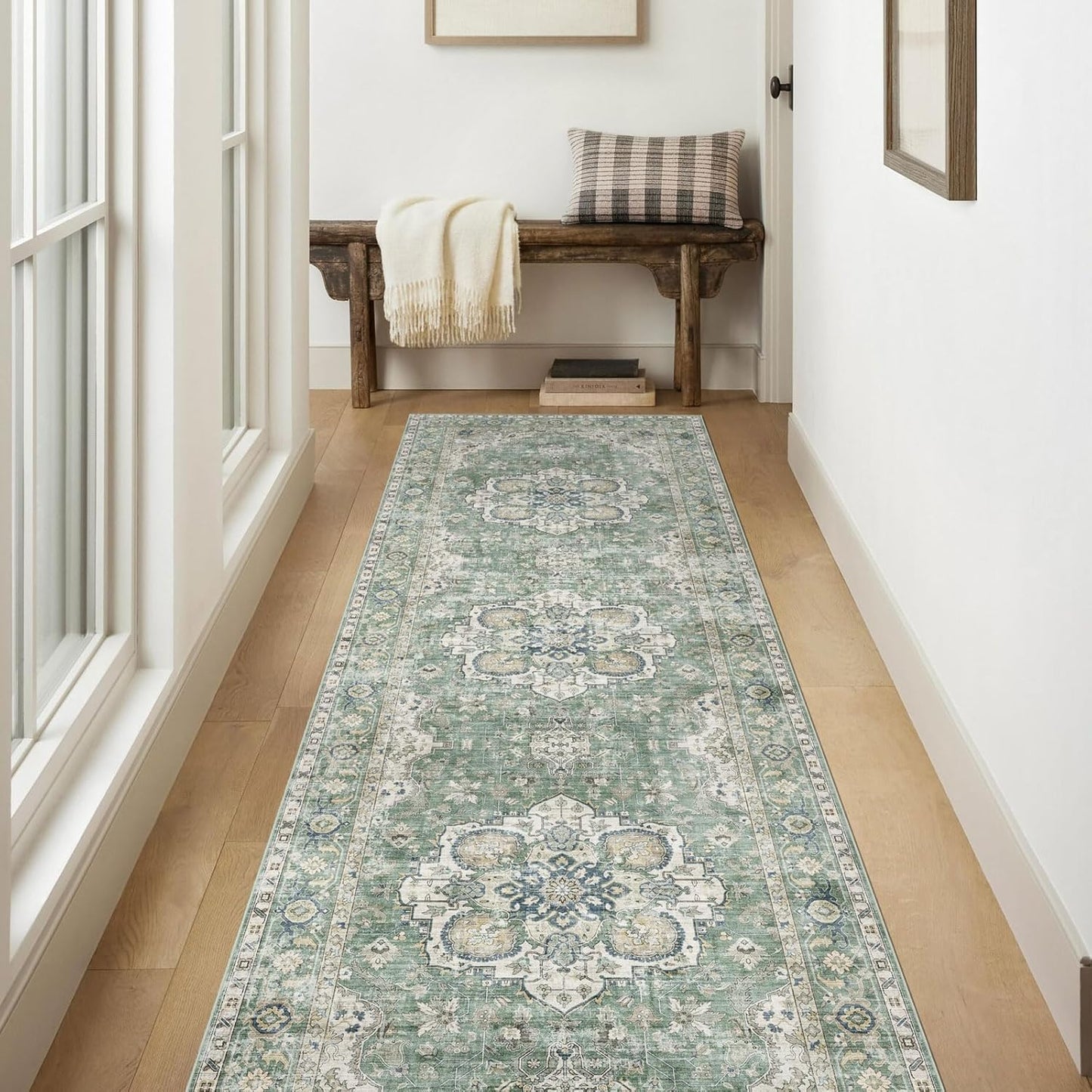 Kitchen Runner Rugs Non Skid Washable - 2.5x8ft Long Sage Green Farmhouse Boho Hallway Runner Rug Low Pile Stain Resistant Soft Vintage Oriental Carpet for Hallway Laundry Room Entryway Bedroom