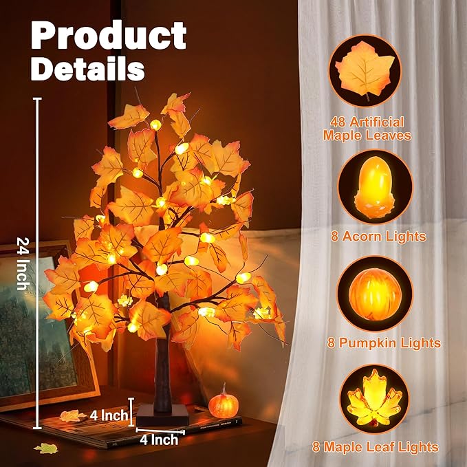 2 Pack 24 Inch Fall Maple Tree with 48LED Battery Operated Lighted Tabletop Artificial Tree with Pumpkin Acorn Maple Fall Centerpieces Indoor Fall Decorations for Home Office Thanksgiving Table Decor