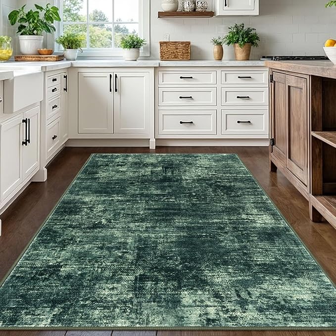 IOHOUZE Abstract Area Rugs 5x7 Ft Washable Rugs for Living Room, Non Slip Dining Room Rug, Printed Faux Wool Rugs for Bedroom, Floor Carpet for Kitchen Nursery Playroom, Dark Green