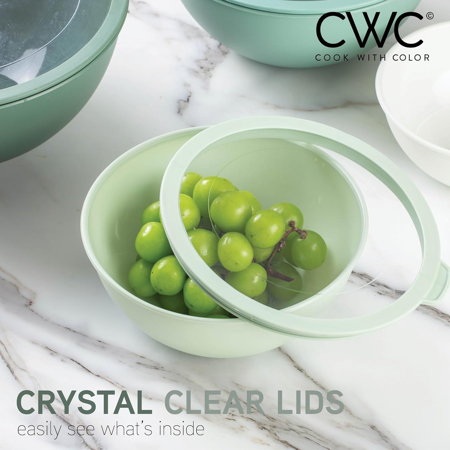 COOK WITH COLOR Mixing Bowls with Non Slip Bottom - 12 Piece Plastic Nesting Bowls Set includes 6 Prep Bowls and 6 Tritan Lids - Microwave Safe (Sage)