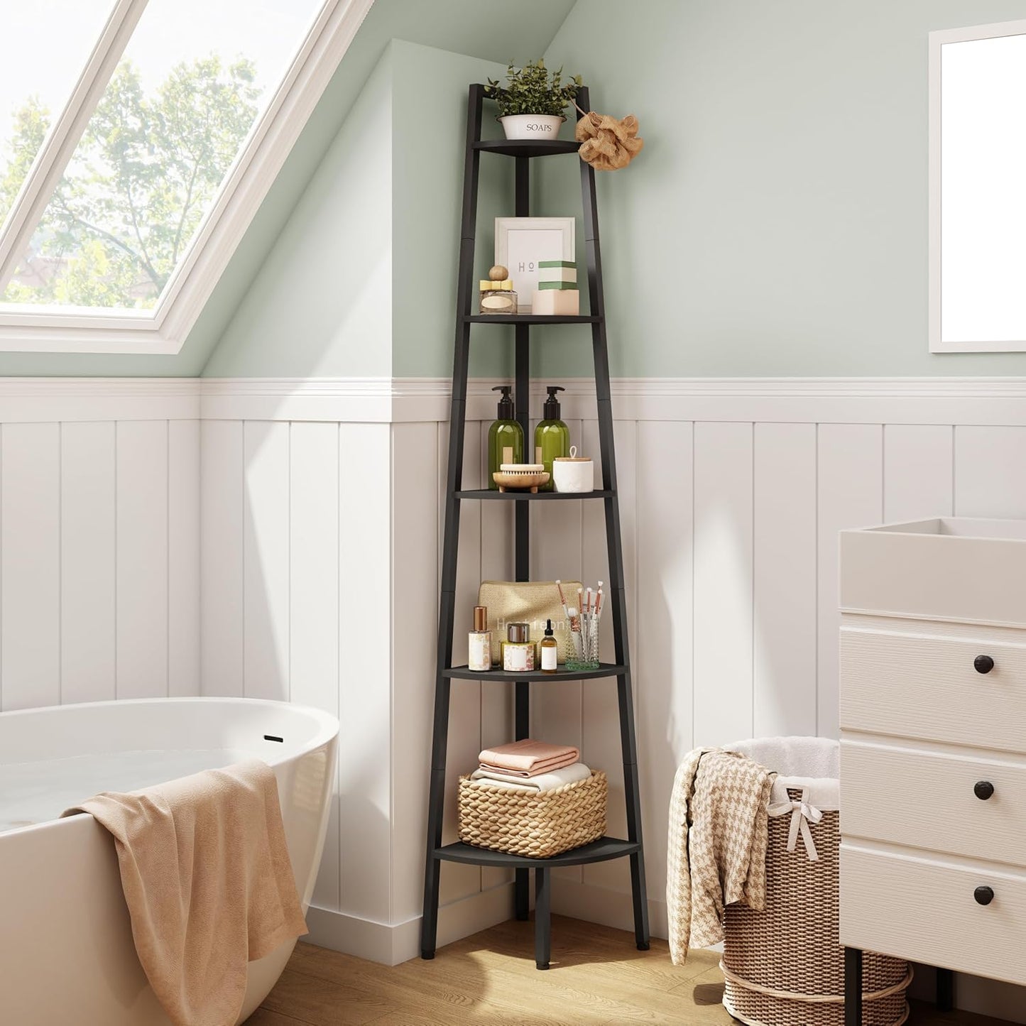 Hoctieon Corner Shelf, 5-Tier Corner Bookshelf, Rustic Ladder Shelf, Industrial Display Stand for Living Room, Kitchen, Home Office, Balcony, Small Space, Metal Frame, Black