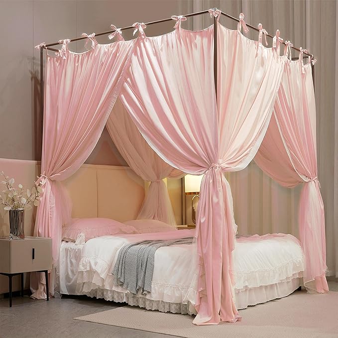 4 Corners Post Princess Curtain Bed Canopy Double Layer Cozy Mosquito Net Mesh and Cloth for Girls Adults Bedroom Decoration (Double-Beigepink/White, 64" W*82" L*82"*H/(Queen))