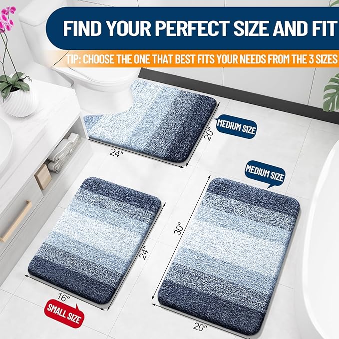 OLANLY Bathroom Rug Set 2 Piece, Soft Absorbent Microfiber Bath Mats and U-Shaped Contour Toilet Rug, Non-Slip, Machine Wash Dry, Plush Shaggy Bath Mats for Bathroom (24"x16"+24"x20", Dark Blue)