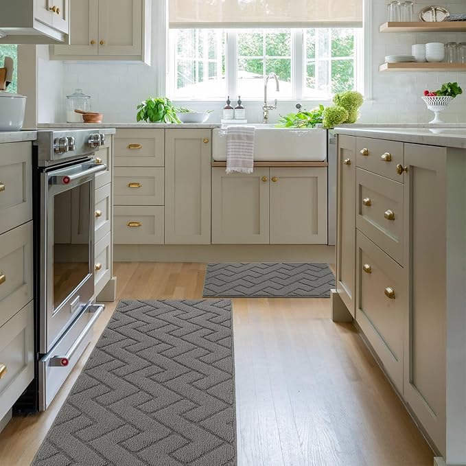 hicorfe Kitchen Rugs and Mats Sets,2 Pieces Super Absorbent Polypropylene Non-Slip Rug,Soft Comfort Floor Mat,Machine Washable for Kitchen,Hallway,Office,Sink,Laundry(20" x 31.5"+20" x 59",Grey)