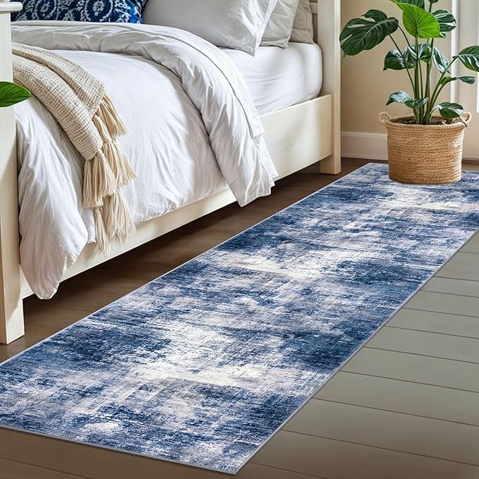 IOHOUZE Abstract Runner Rug 2x7 Ft Washable Runners for Hallways, Non Slip Kitchen Runner Printed Faux Wool Entryway Runners Indoor, Modern Abstract Floor Carpet for Hall Kitchen Bedroom, Navy/Grey