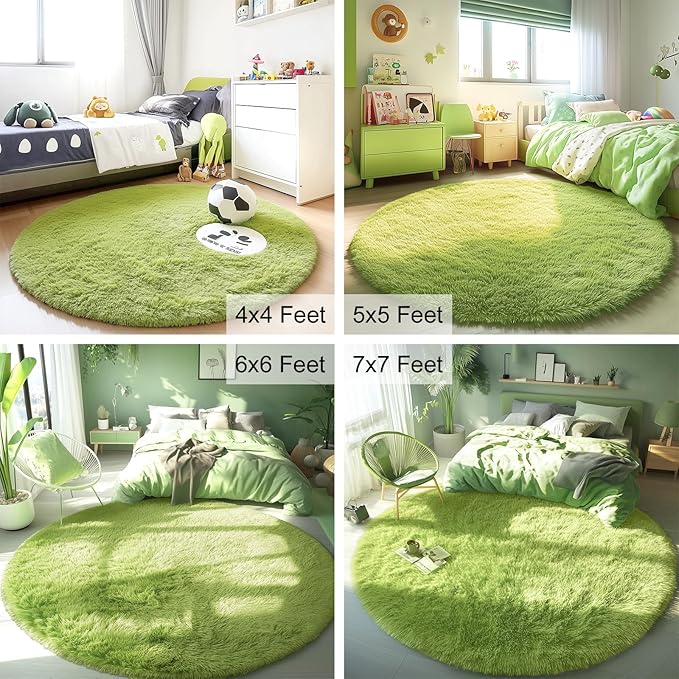 OLANLY Grass Green Round Rugs for Bedroom - Machine Washable, 8 ft Circle Area Rugs for Living Room, Soft and Fluffy Shaggy Carpet for Teen Girls and Boys, Nursery Rooms, Dorms, Home Decor Aesthetic