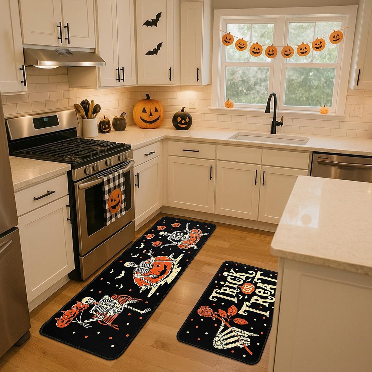 2 Piece Halloween Kitchen Decor Rugs Set,Skeleton Pumpkin Kitchen Rugs and Mats Non Skid Washable Absorbent Kitchen Accessories Decoration Floor Mats 17"x47"+17"x30"