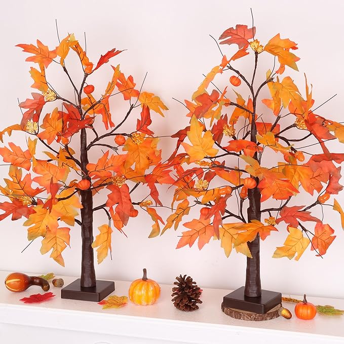 2 Pack 24 Inch Fall Maple Tree with 48LED Battery Operated Lighted Tabletop Artificial Tree with Pumpkin Acorn Maple Fall Centerpieces Indoor Fall Decorations for Home Office Thanksgiving Table Decor