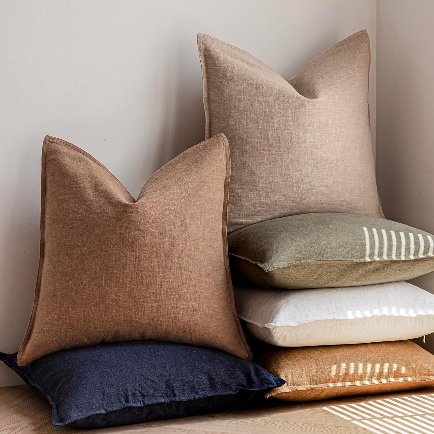 Foindtower Pack of 2, Decorative Linen Soild Throw Pillow Covers Soft Accent Cushion Case Farmhouse Neutral Pillowcase for Chair Couch Sofa Bedroom Living Room Home Decor 26 x 26 Inch Tan Beige