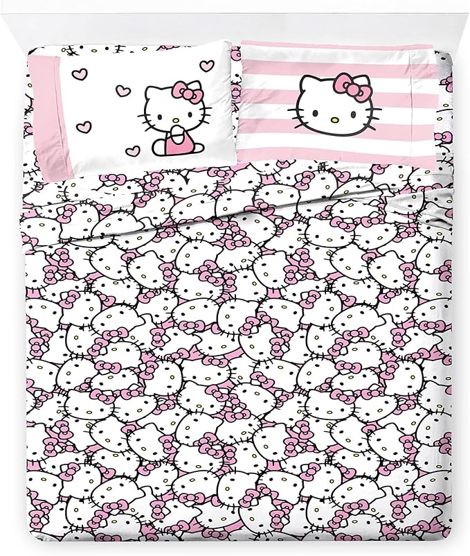 Jay Franco Sheet Set with Fitted, Flat Sheets & Pillow Cover - Ultra-Soft Bedding with Pillowcase for Room Decor, Multi - Hello Kitty, 4 Piece Queen