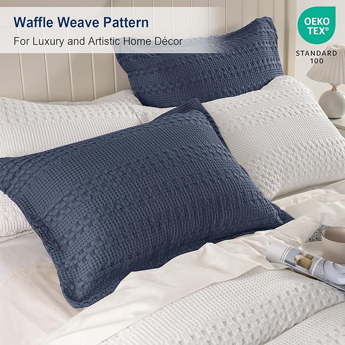 PHF 100% Cotton Ruffle Waffle Pillow Shams Standard Size, 2 Pack 20" x 26" Soft Skin-Friendly Pillowcases, No Filling, Aesthetic Home Decor, Breathable Waffle Weave Bed Pillow Covers, Dark Navy