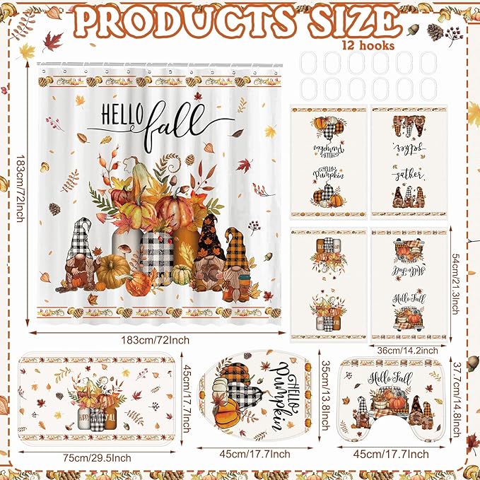 8 Pcs Hello Fall Shower Curtain Set for Bathroom Include Harvest Autumn Gnome Shower Curtain Towels Non Slip Rugs Toilet Lid Cover Pumpkin Bath Mat and 12 Hooks for Autumn Bathroom Decor