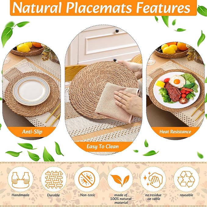 4 Sets Boho Placemats Round Woven Placemats, Cloth Napkins, Wood Bead Napkin Rings, Long Table Runner and Farmhouse Rustic Placemats Natural Burlap Cotton for Kitchen Dining Table Home
