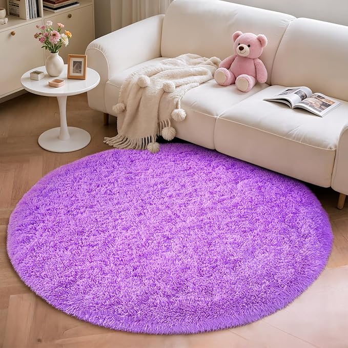 Purple Round Rug for Bedroom, 4Ft Fluffy Circle Area Rugs for Living Room, Shag Fuzzy Carpet for Kids Room, Nursery, Dorm, Classroom, Teen, Cute Baby Play Mat Home Decor Aesthetic