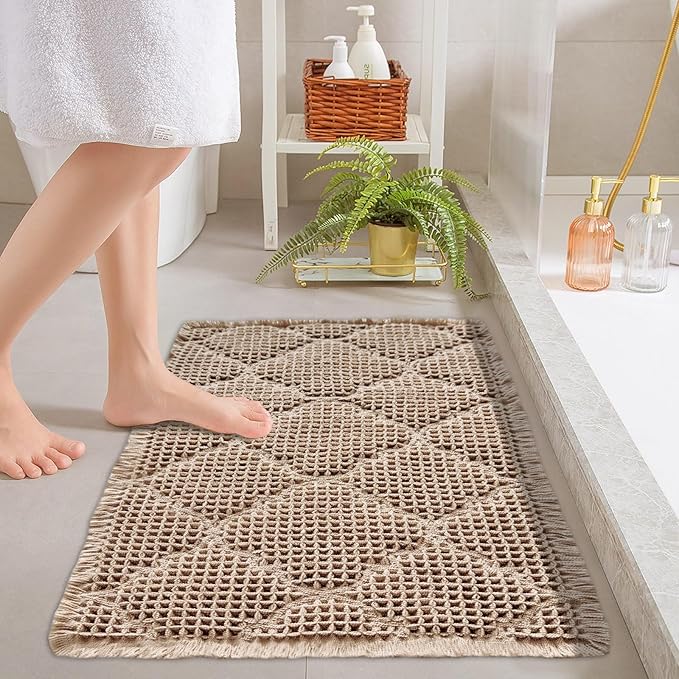 ZALL Tan Waffle Bath Mat,Super Absorbent Non Slip Bathroom Rug,Brown 24x36inch, Geometric Diamond Machine Washable Ultra Soft Floor Mats