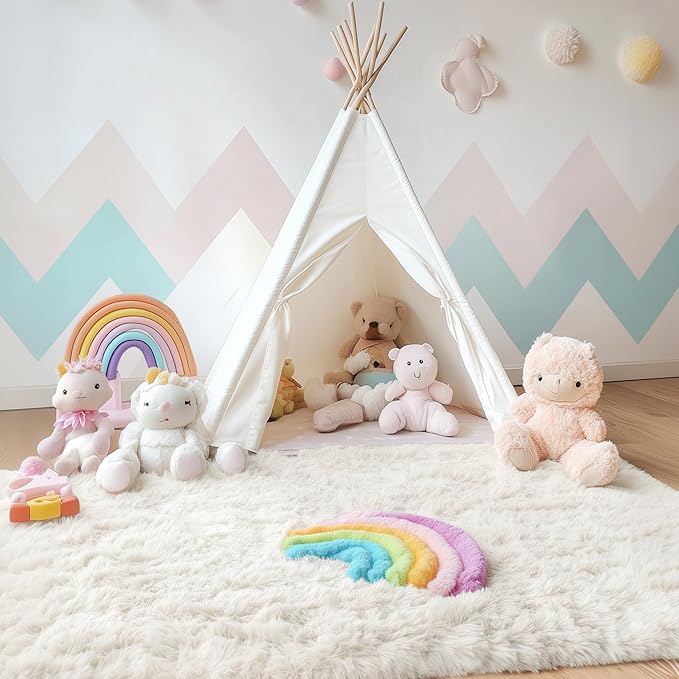 OLANLY Area Rugs for Living Room Bedroom, Machine Washable 4x5.9 ft Soft Fluffy Shaggy Bedside Rug, Indoor Floor Carpet for Kids Girls and Boys, Dorms, Nursery Rooms, Home Decor Aesthetic, Ivory