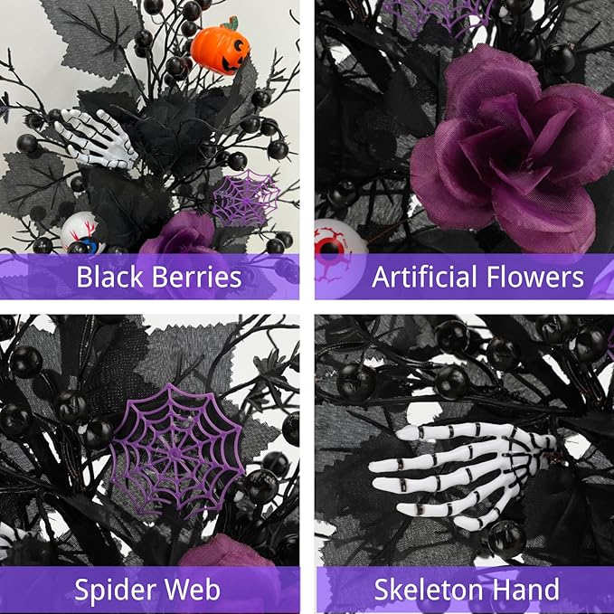18 Inch Halloween Table Tree, LED Lighted Artificial Tree with Pumpkin,Spider, Black Berries,Halloween Centerpiece for Table, Holiday Party Home Decor