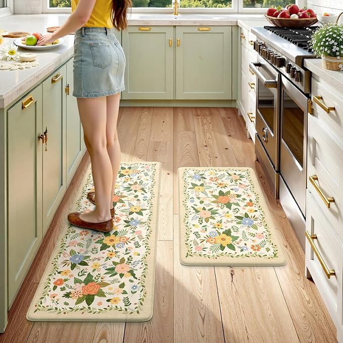 KIMODE Kitchen Mats for Floor Anti Fatigue, Beige Boho Kitchen Rugs Non Slip, Padded Kitchen Floor Mats, Memory Foam Kitchen Mats Cushioned, Standing Desk Mat for Laundry Office Sink 17"x47"+17"x29"