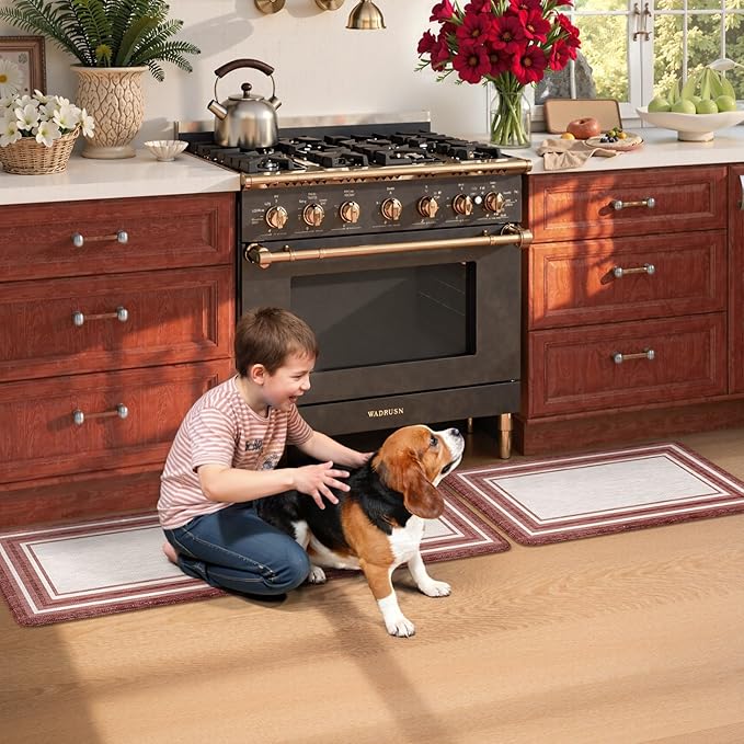 KIMODE Anti Fatigue Kitchen Mats for Floor 2 Piece, Christmas Farmhouse Kitchen Rugs, Padded Kitchen Floor Mats, Standing Desk Mats for Laundry Office Sink Red 17"x47"+17"x29"