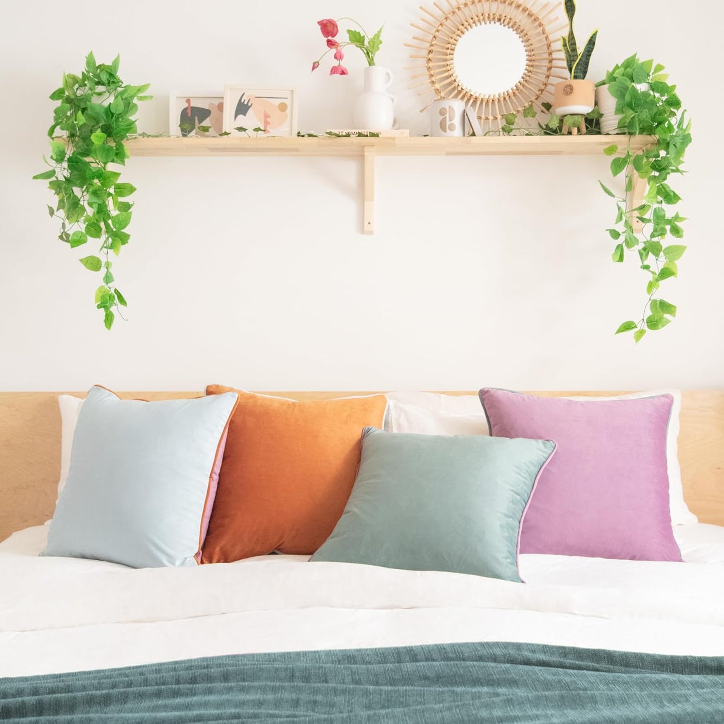 MONDAY MOOSE Decorative Throw Pillow Covers Cushion Cases, Set of 4 Soft Velvet Modern Double-Sided Designs, Mix and Match for Home Decor, Pillow Inserts Not Included (16x16 inch, Purple/Teal)