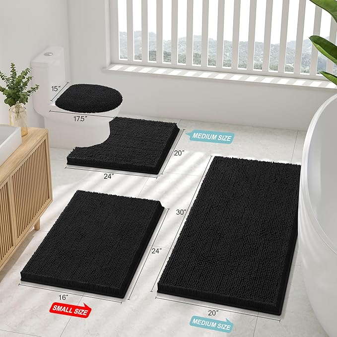 Smiry Luxury Chenille Bathroom Rugs 34x21, Extra Soft and Absorbent Shaggy Bath Mat, Machine Washable, Non-Slip Plush Carpet Runner for Tub, Shower, and Floor, Home Decor Accessories, Black